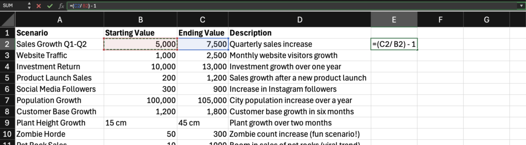 Growth rate formula example in Excel spreadsheet