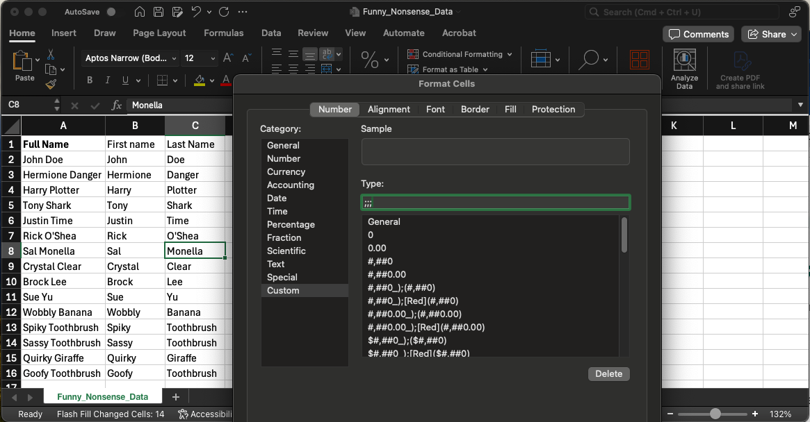 Screenshot demonstrating how to hide a cell in Excel using the format settings.