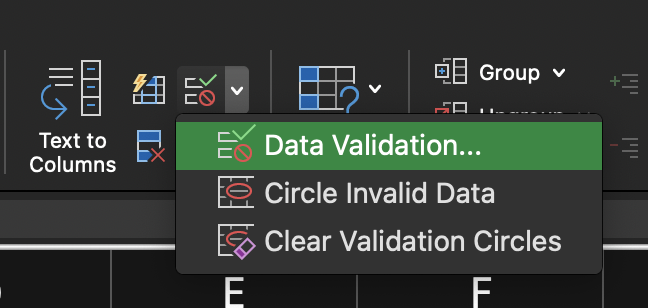 Accessing the Data Validation option in Excel’s ribbon menu.