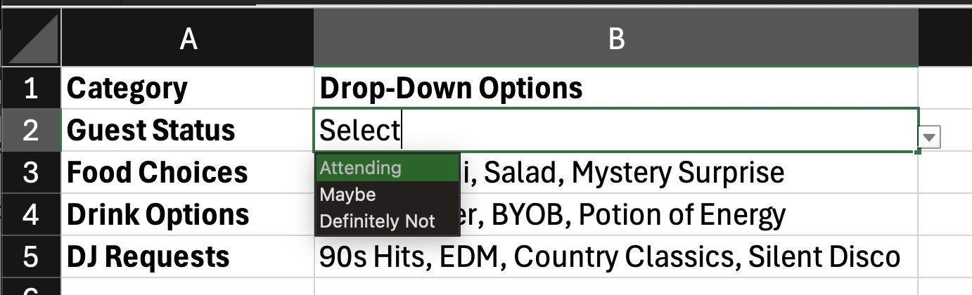 Illustration of creating a drop down list in Excel, showing the data validation feature.