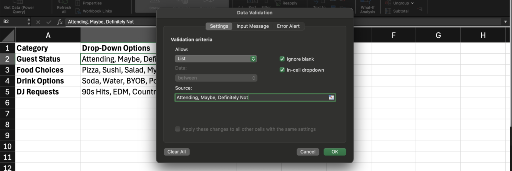 Setting up the drop-down list options in the Data Validation window in Excel.