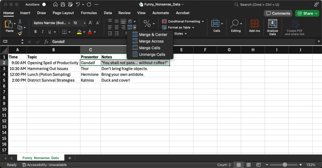 Merging cells in Excel - tutorial steps