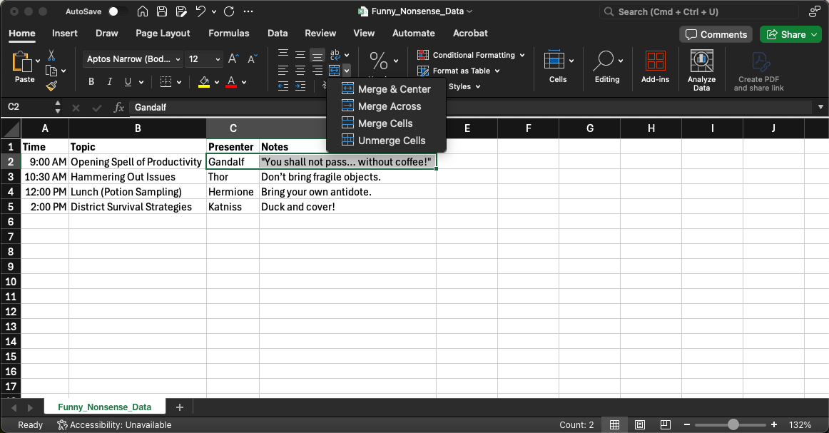 Merging cells in Excel - tutorial steps