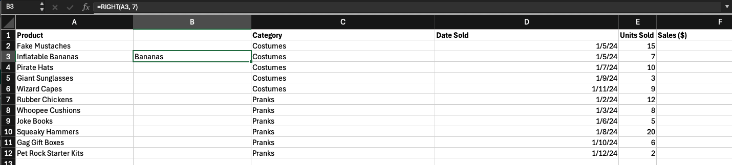 Example of RIGHT function in Excel extracting characters