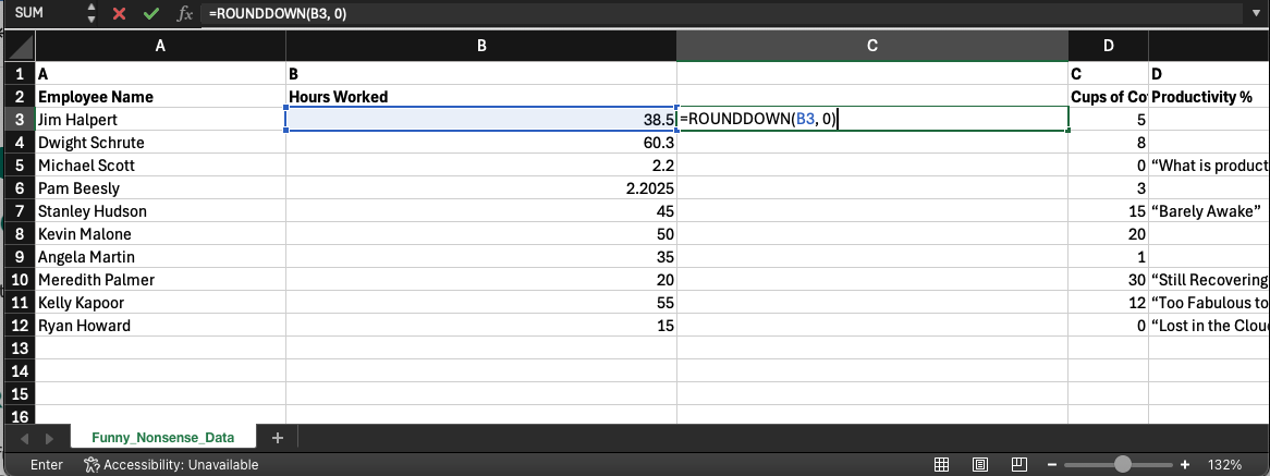 Illustration showing how to use the ROUNDDOWN function in Excel to simplify rounding numbers in a spreadsheet.