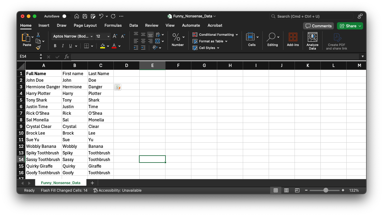 Splitting first and last name in Excel cells