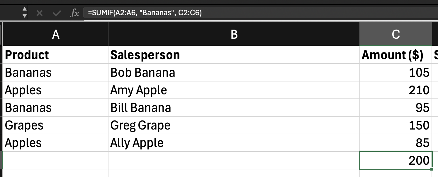 Illustration showing SUM IF function example in Excel, with highlighted cells and formula bar.