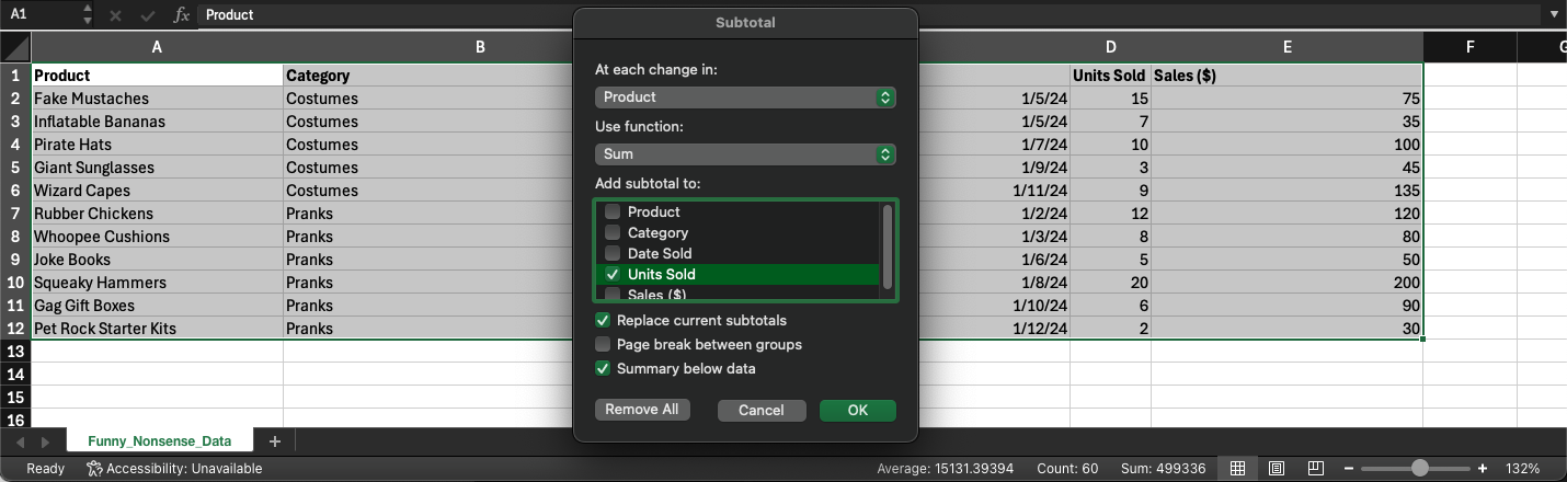 Spreadsheet showing totals and subtotals calculated in Excel with highlighted formulas.